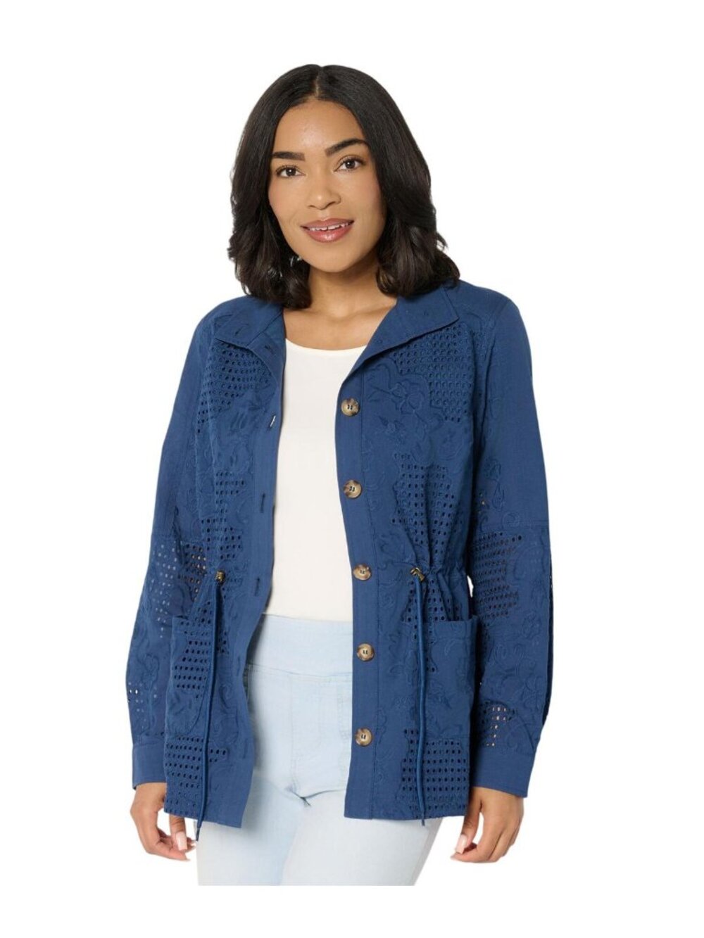 NEW Belle By Kim Gravel Button Up Mixed Media Lace Anorak Jacket Indigo Blue S